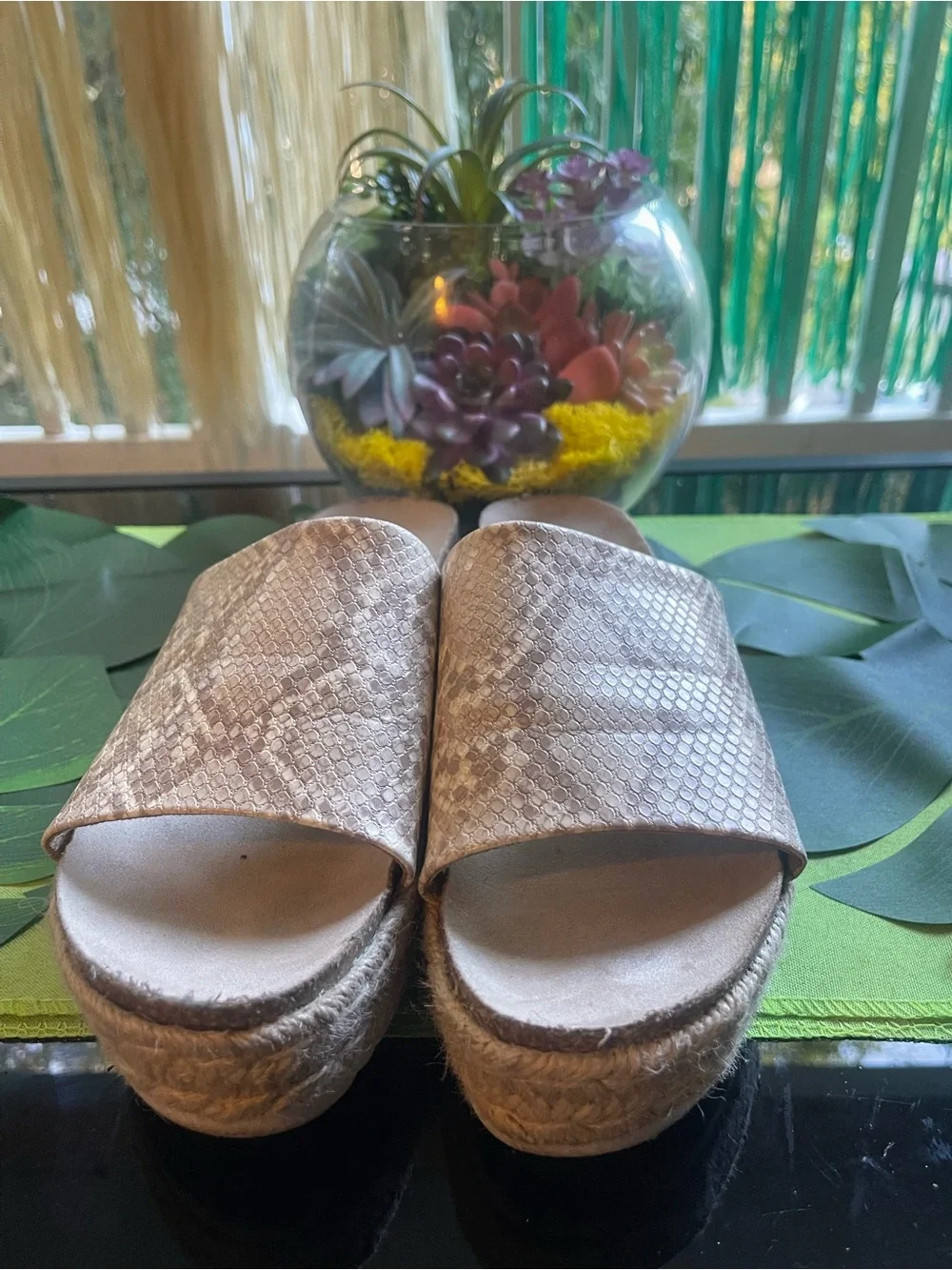 Woven Platform Slide Sandals in Metallic Nude